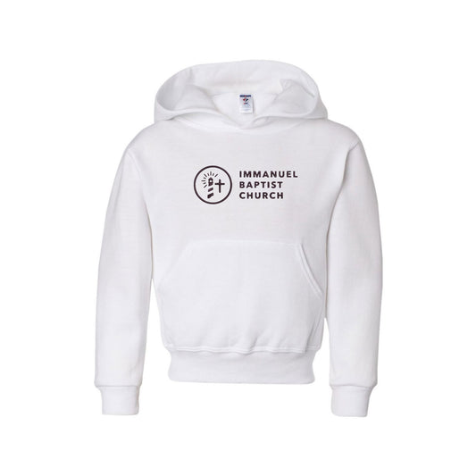 white youth hoodie with embroidered immanuel baptist church logo