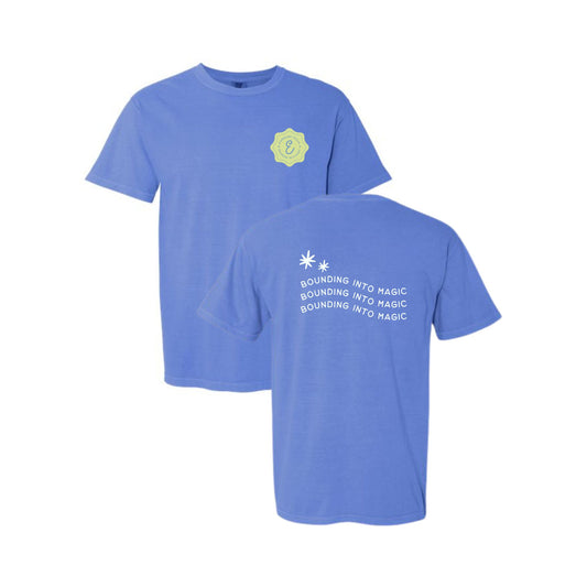 Blue t-shirt with a logo on the chest and text on the back, displayed from front and back views.
