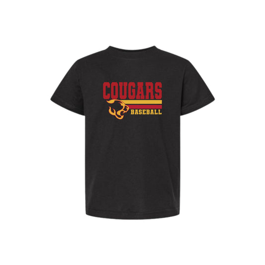 Black t-shirt with 'Cougars Baseball' design on a white background