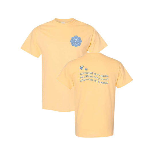 Yellow t-shirt with text and logo on a white background