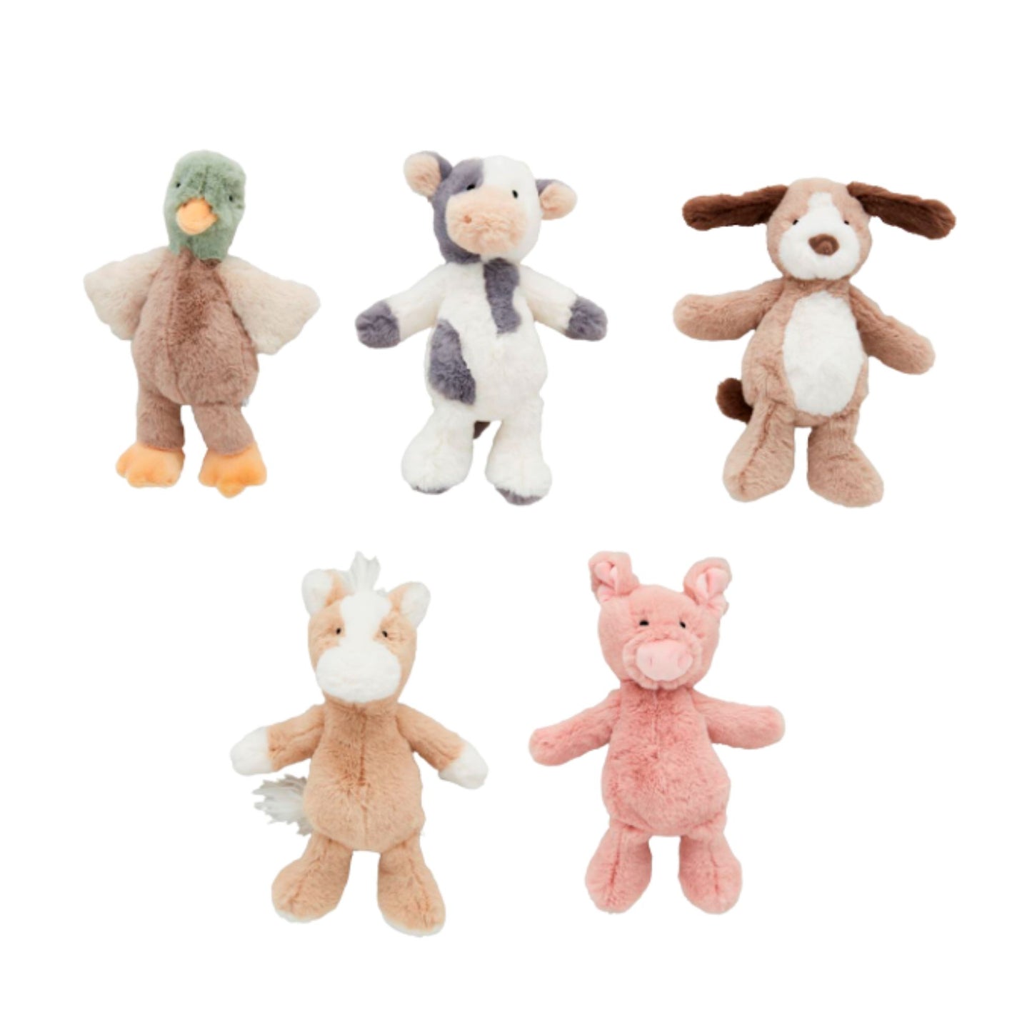 Five small plush toys in the shape of animals on a white background