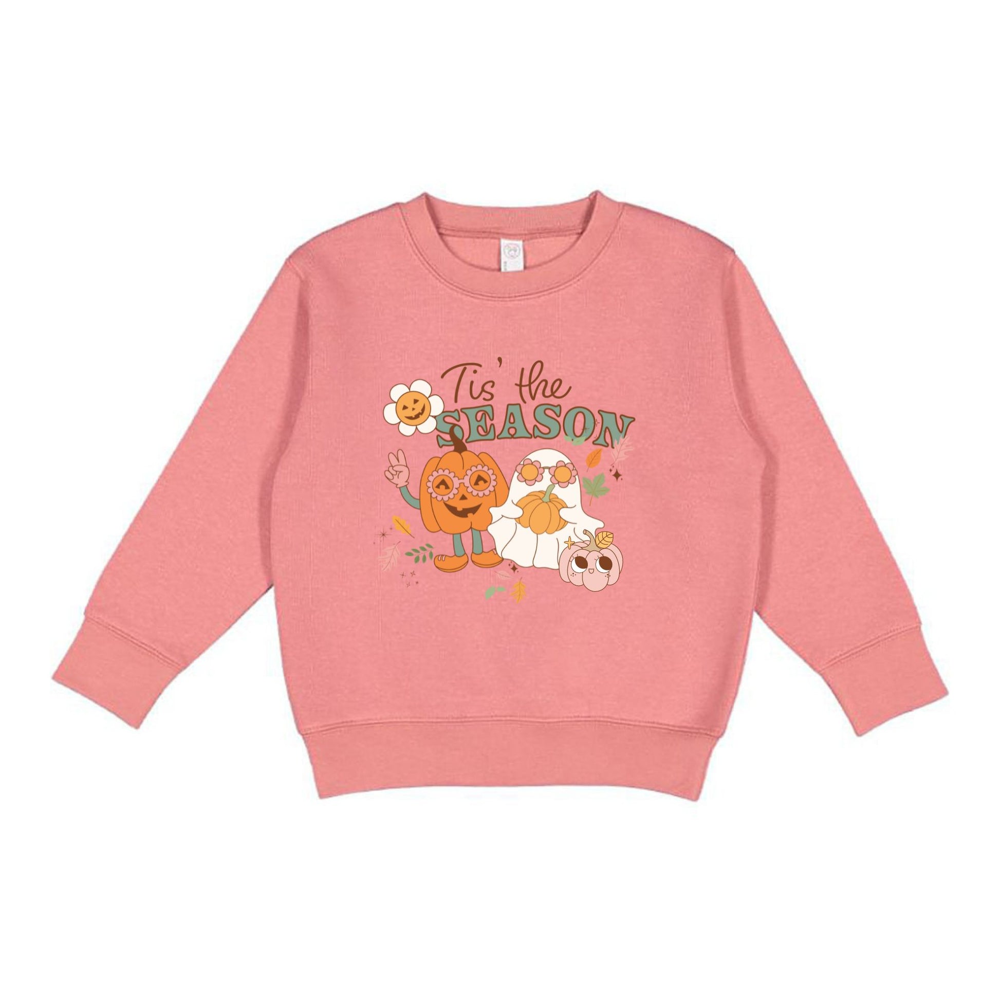 mauve sweatshirt with a fun and cute halloween print featuring a pumpkin wearing flower glasses and doing a peace sign and a cute ghost wearing flower glasses and holding a flower. Also has falling leaves and a mini pumpkin with a smiley face