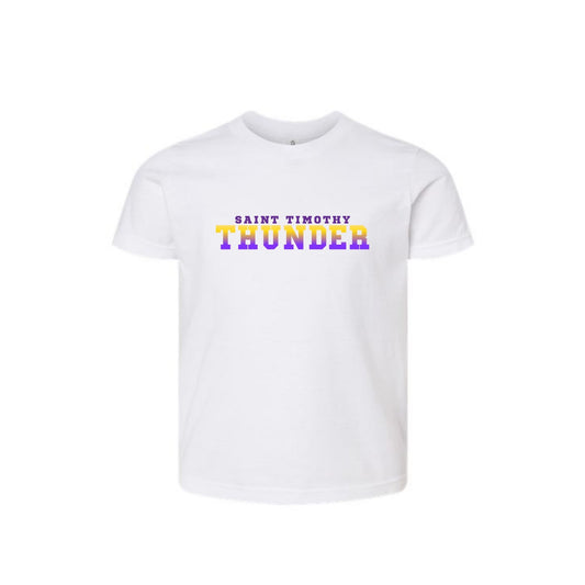 White t-shirt with 'Saint Timothy Thunder' text on a white background