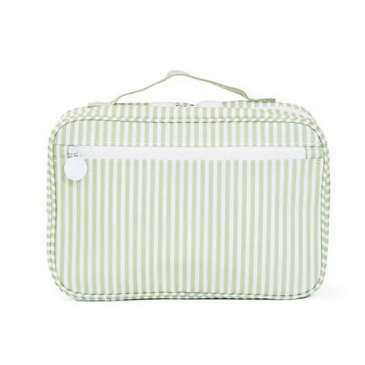 Green and white striped toiletry bag on a white background