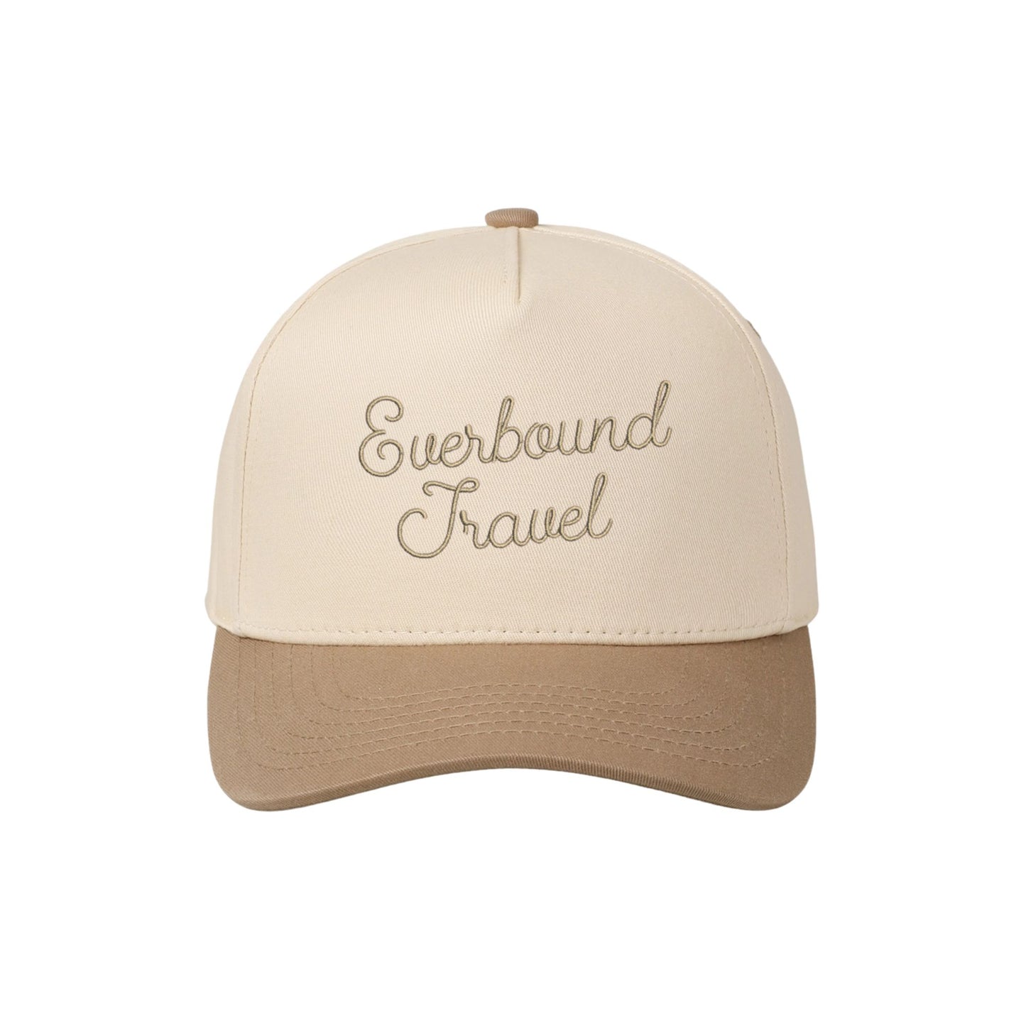 two tone beige trucker hat with custom everbound travel embroidered design