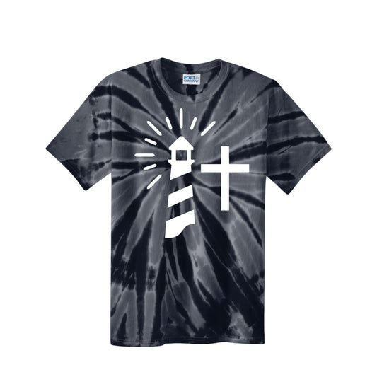 black tie dye tee with large lighthouse print