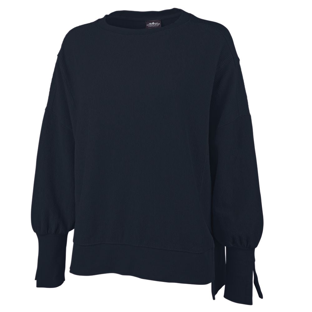 navy ribbed crewneck sweatshirt with split hem and cuff