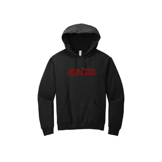 black hooded sweatshirt with a mixed text  calvary christian cougars printed design in red ink