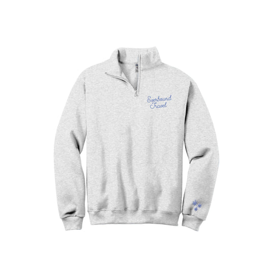 Gray sweatshirt with 'Everbound Travel' logo on a white background