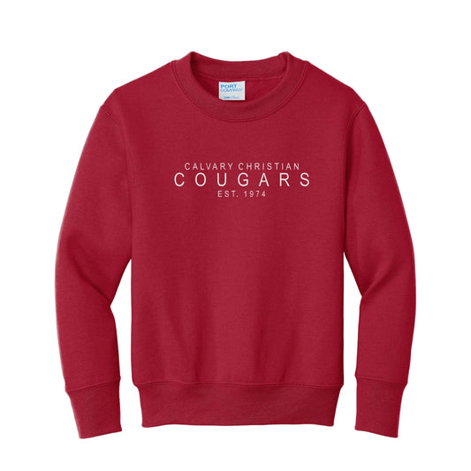 red crewneck sweatshirt with embroidered calvary christian cougars est 1974