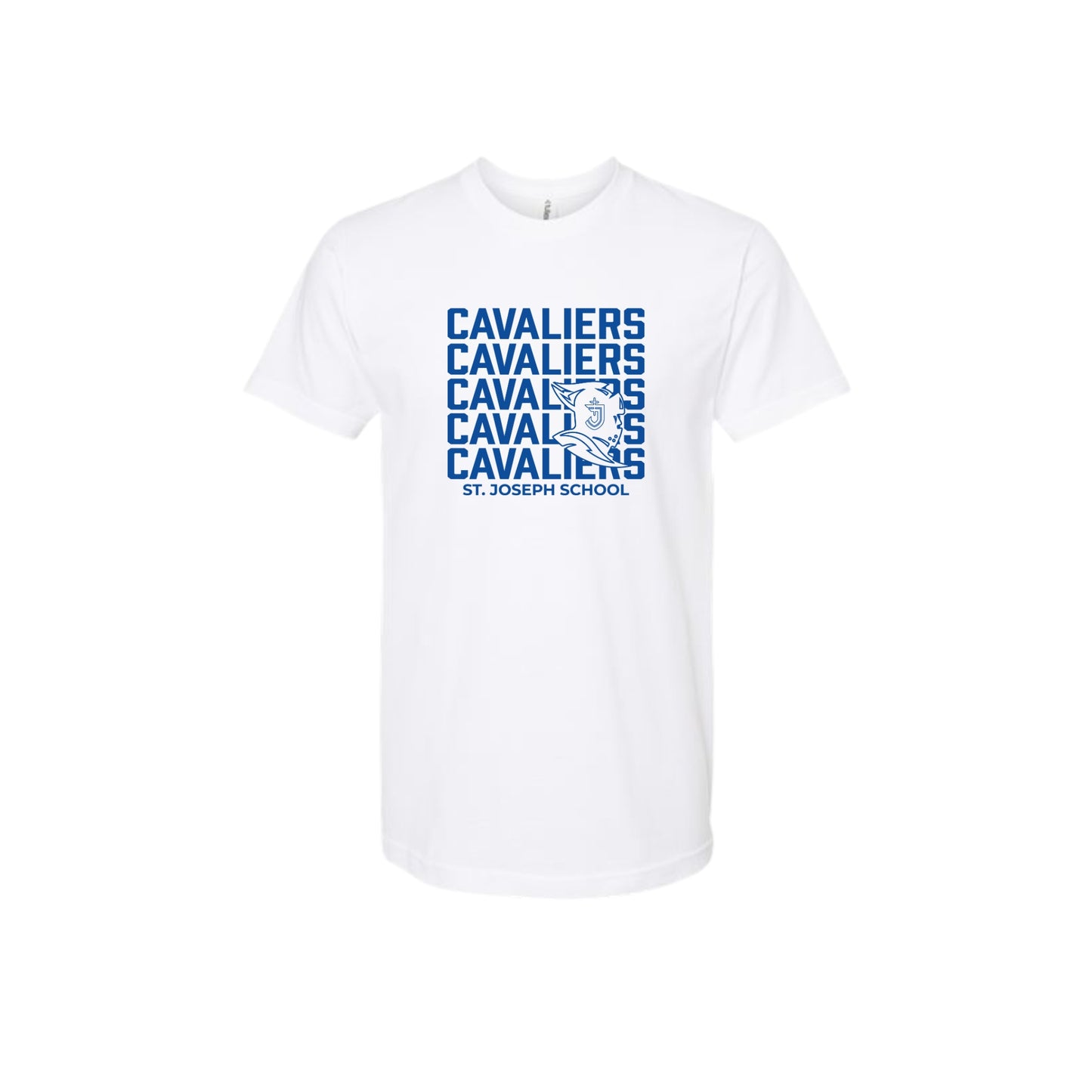 White t-shirt with blue 'Cavaliers' text and logo on a white background