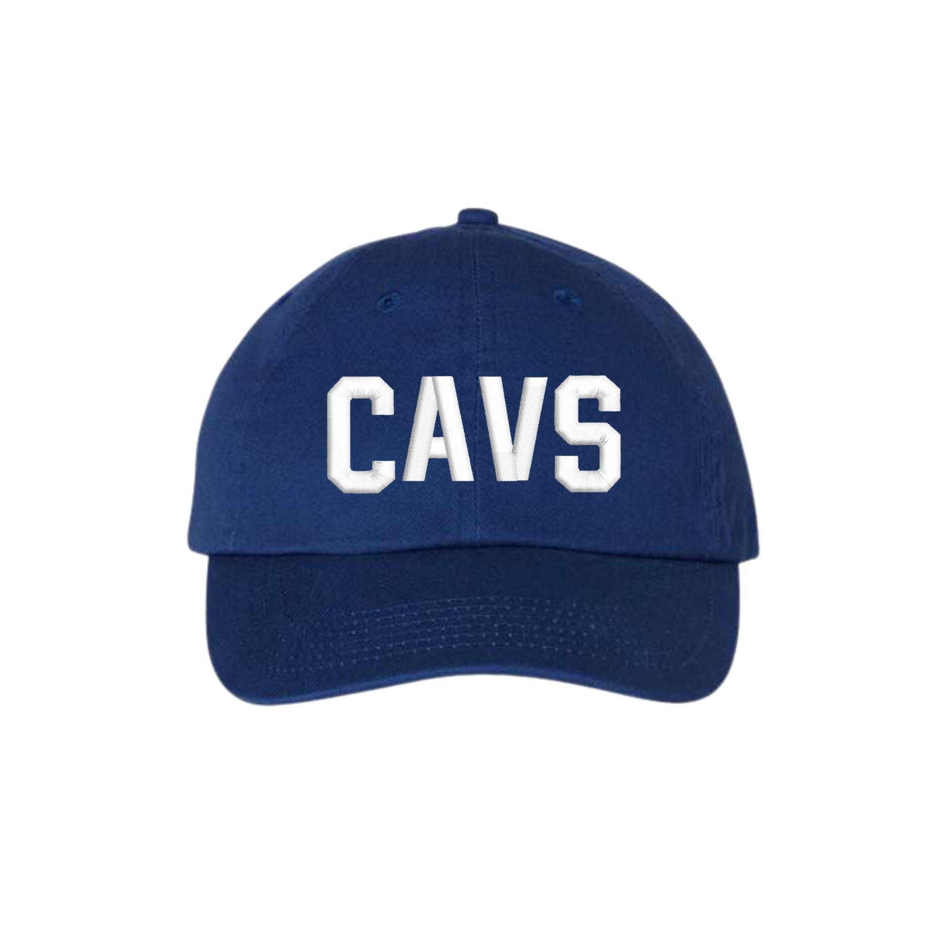 Blue cap with 'CAVS' text on a white background