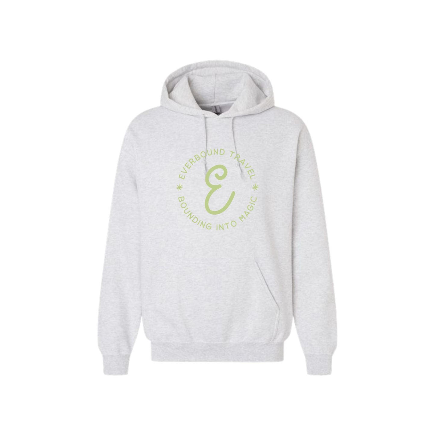 Gray hoodie with a green logo on a white background