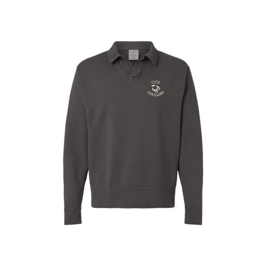 railroad grey polo collar sweatshirt with calvary christian logo embroidered on the left chest in white thread