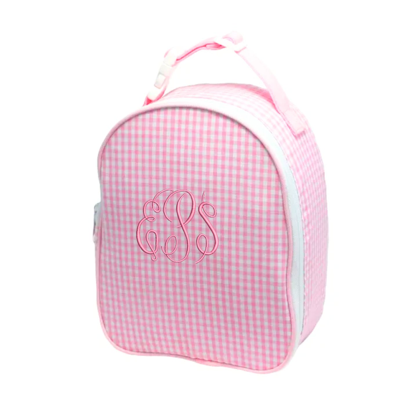 pink gingham lunch bag with custom monogram embroidery