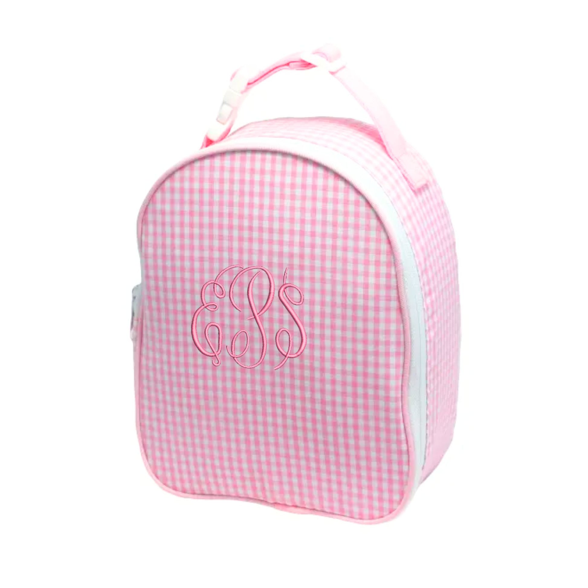 pink gingham lunch bag with custom monogram embroidery