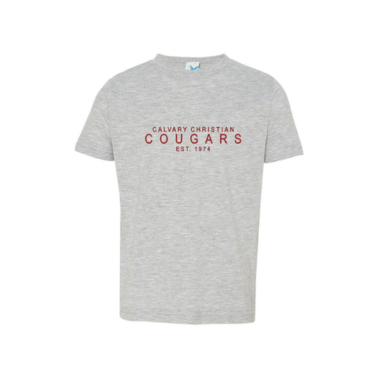 heather toddler t-shirt with embroidered calvary christian cougars design in red thread
