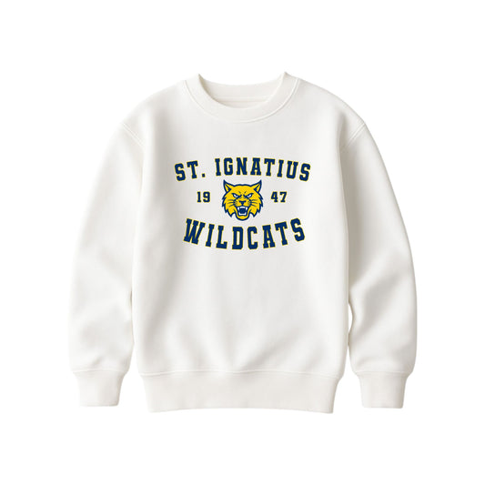 A bleached linen crewneck sweatshirt featuring a St. Ignatius Wildcats graphic on the chest, displayed against a solid white background.