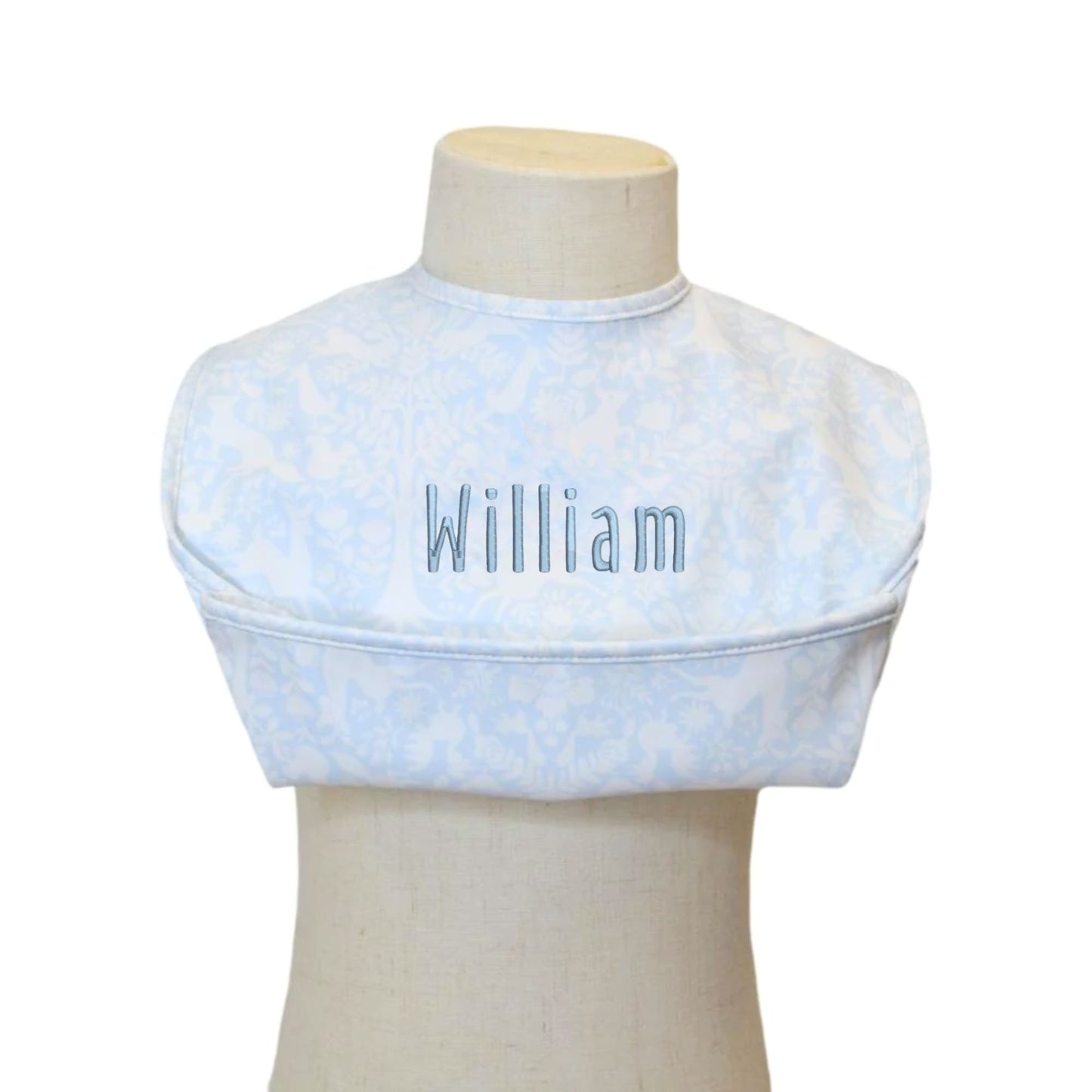 woodland blue baby bib with name embroidery