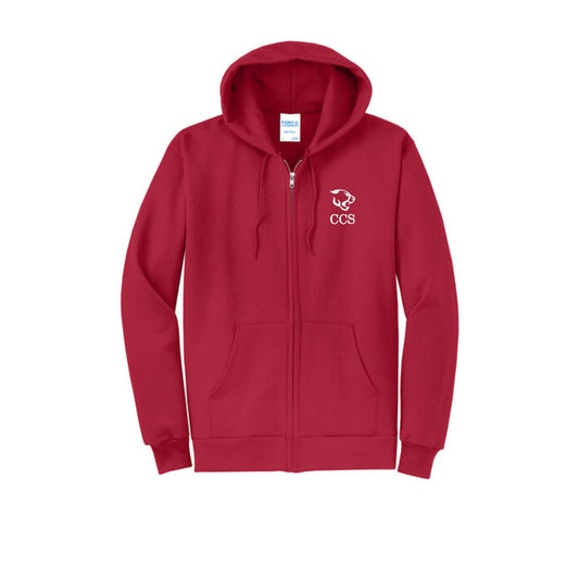 Red hoodie with a logo and 'CCS Cougars' embroidered logo on the left chest on a white background