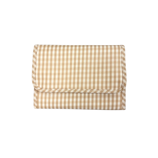 Beige and white checkered pouch on a white background