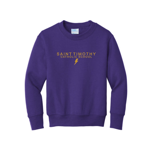 Purple sweatshirt with 'Saint Timothy Catholic School' text on a white background