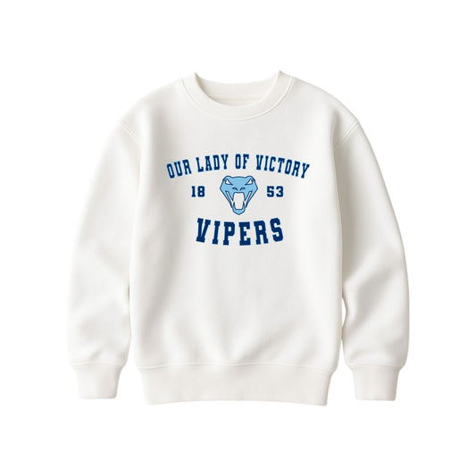 A bleached linen crewneck sweatshirt featuring a blue graphic print on the front with the text 'OUR LADY OF VICTORY', '1853', a snake head logo, and 'VIPERS'