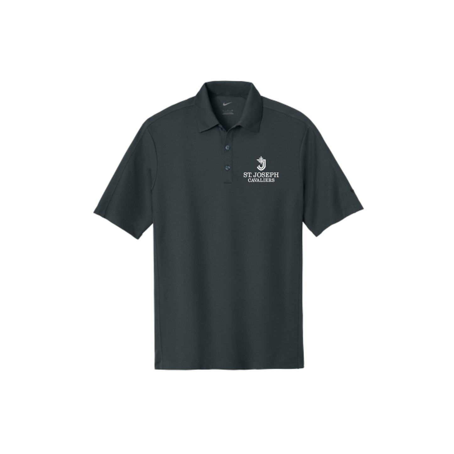 black polo shirt with sjs logo embroidered on a white background