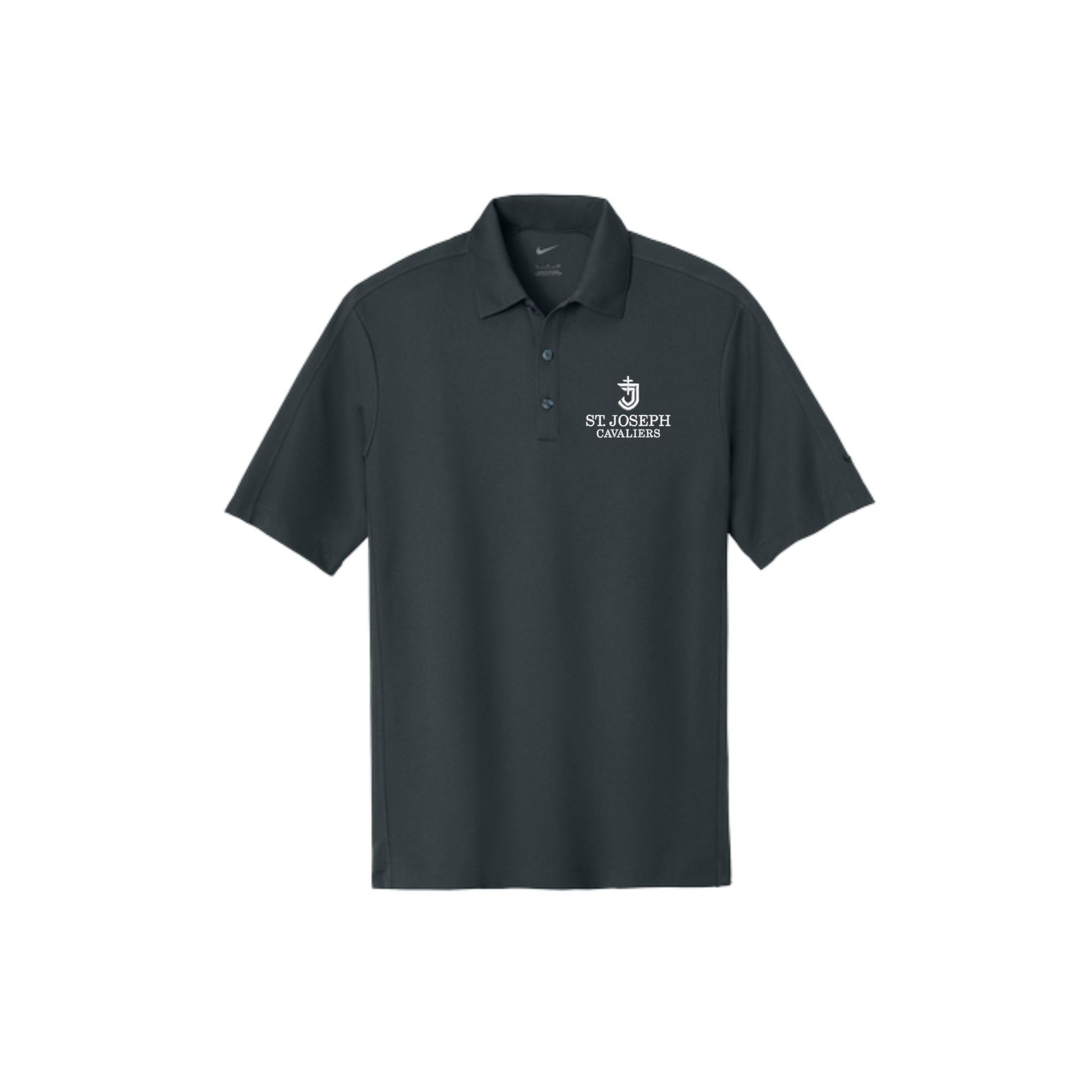 black polo shirt with sjs logo embroidered on a white background