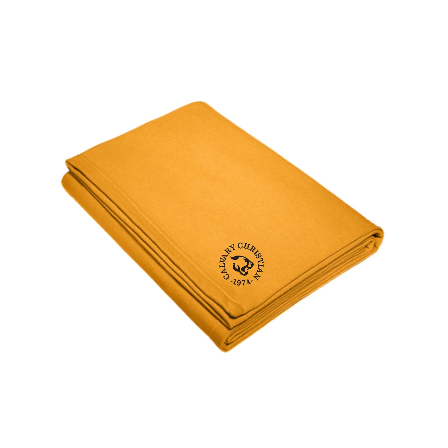 folded gold sweatshirt blanket with a round calvary christian 1975 cougar logo embroidered in black thread on the corner