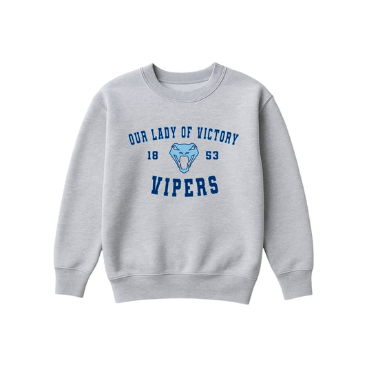 A light gray crewneck sweatshirt featuring a blue graphic print on the front with the text 'OUR LADY OF VICTORY', '1853', a snake head logo, and 'VIPERS'.