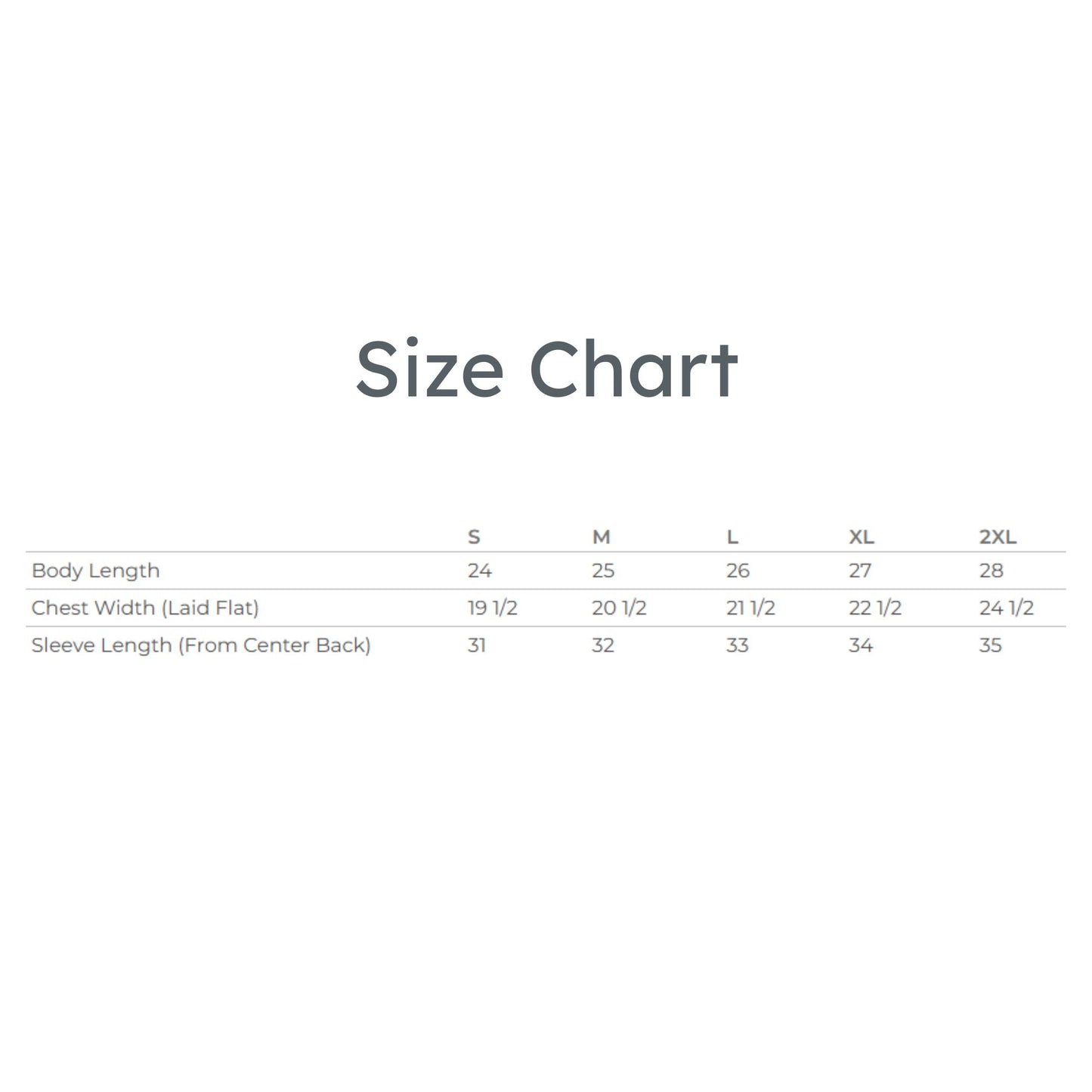 Size chart for clothing measurements on a white background