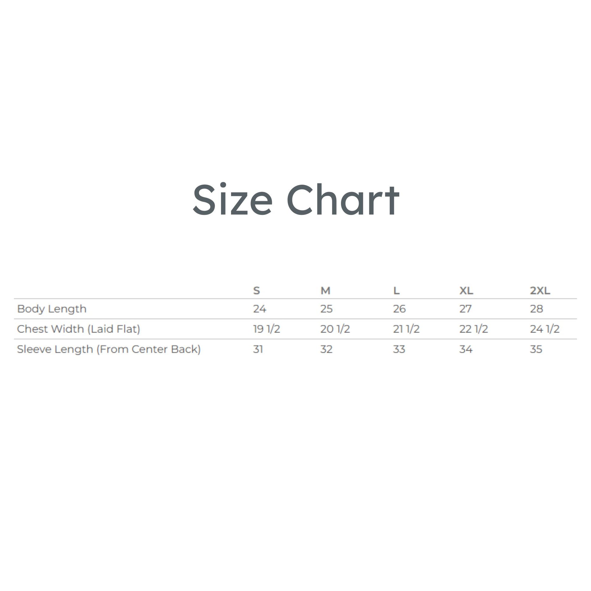 Size chart for clothing measurements on a white background