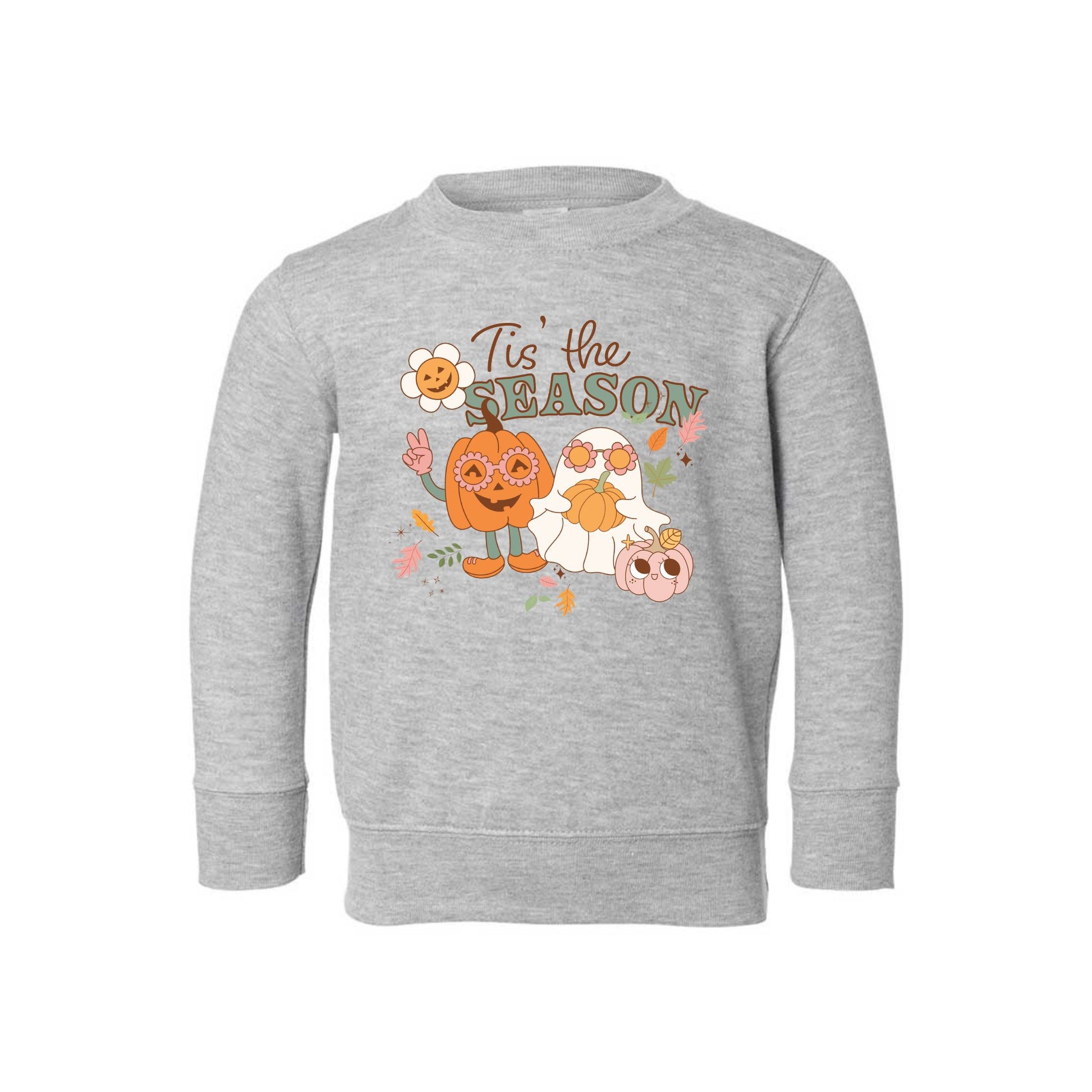 heather sweatshirt with a fun and cute halloween print featuring a pumpkin wearing flower glasses and doing a peace sign and a cute ghost wearing flower glasses and holding a flower. Also has falling leaves and a mini pumpkin with a smiley face