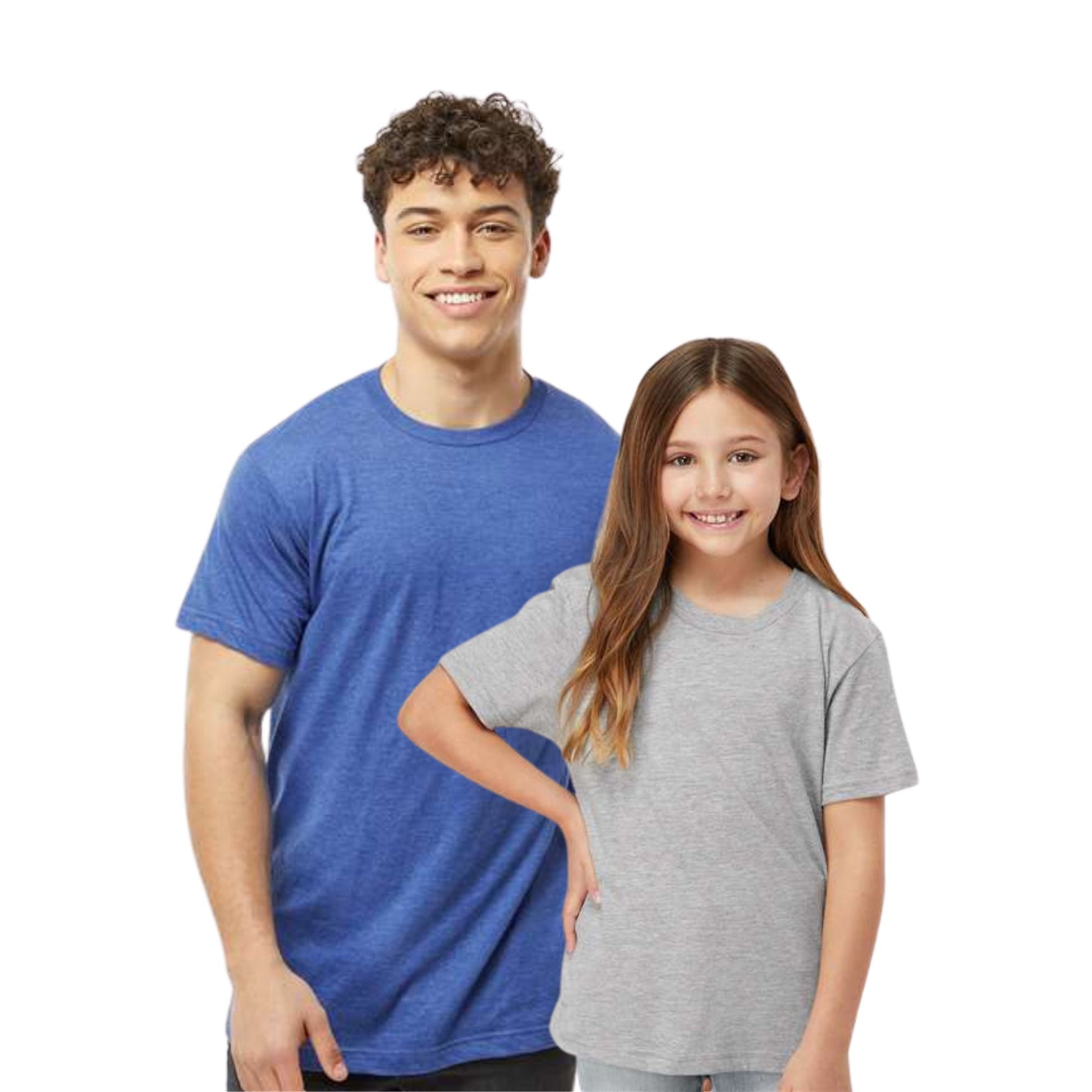 Man and young girl wearing blue and gray t-shirts on a white background
