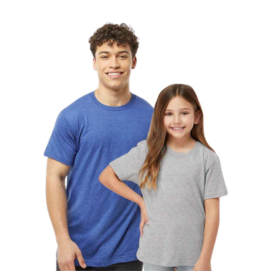 Man and young girl wearing blue and gray t-shirts on a white background