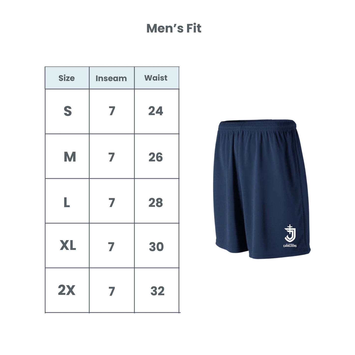 Navy blue shorts with a logo on a white background and a size chart to the left.