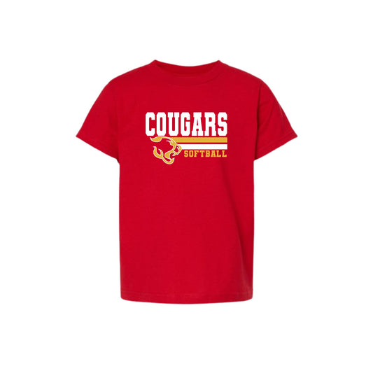 Red t-shirt with 'COUGARS SOFTBALL' text on a white background