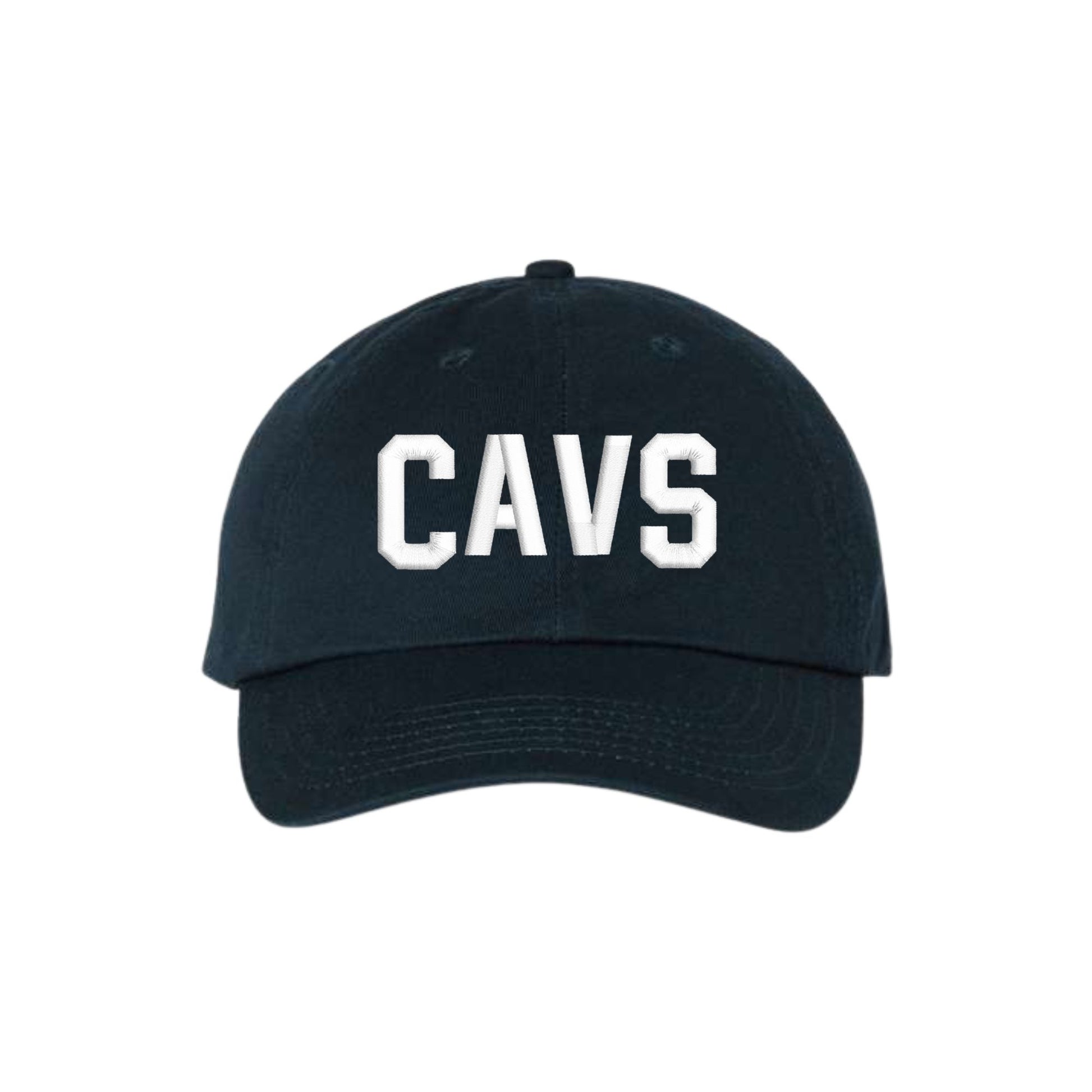 Black cap with 'CAVS' text on a white background