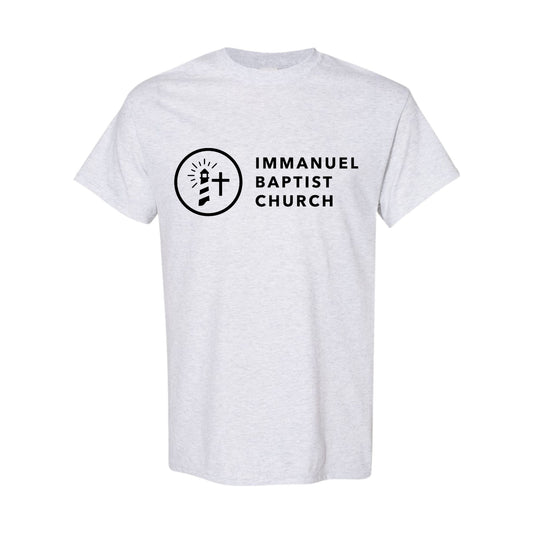 ash crewneck t-shirt with an Immanuel Baptist Church printed logo