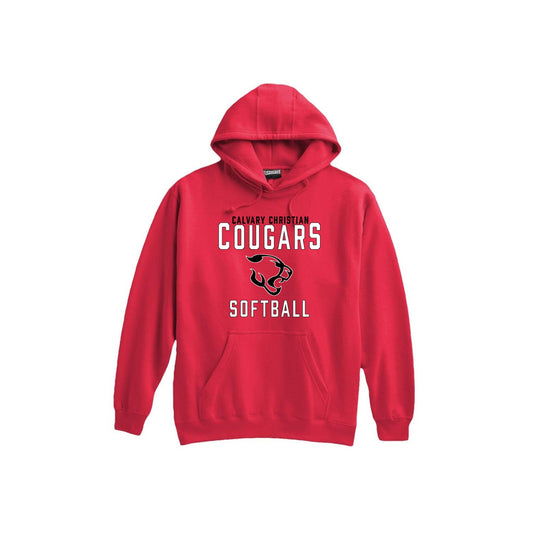 Red hoodie with 'Calvary Christian Cougars Baseball' text and logo on a white background