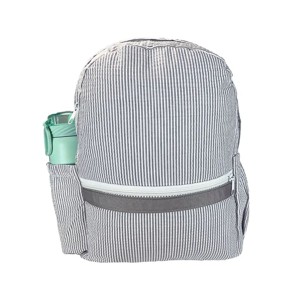 gray and white seersucker kids backpack with front zippered pocket and side water bottle pocket