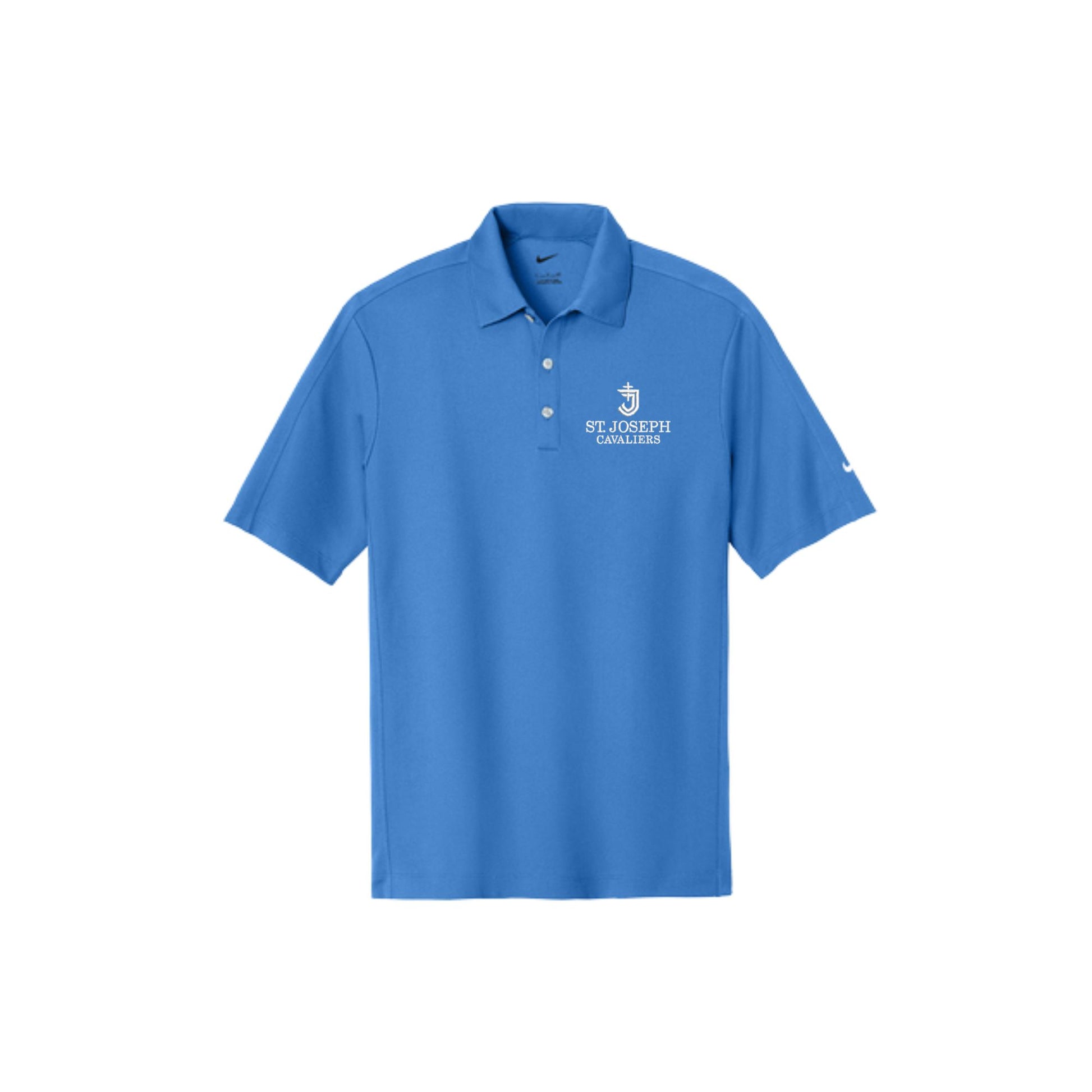 royal blue polo shirt with sjs logo embroidered on a white background