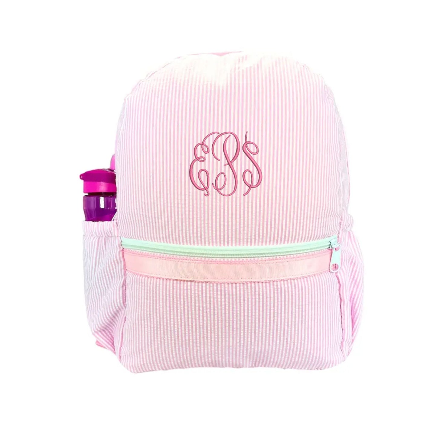 pink and white seersucker kids backpack with front zippered pocket and side water bottle pocket