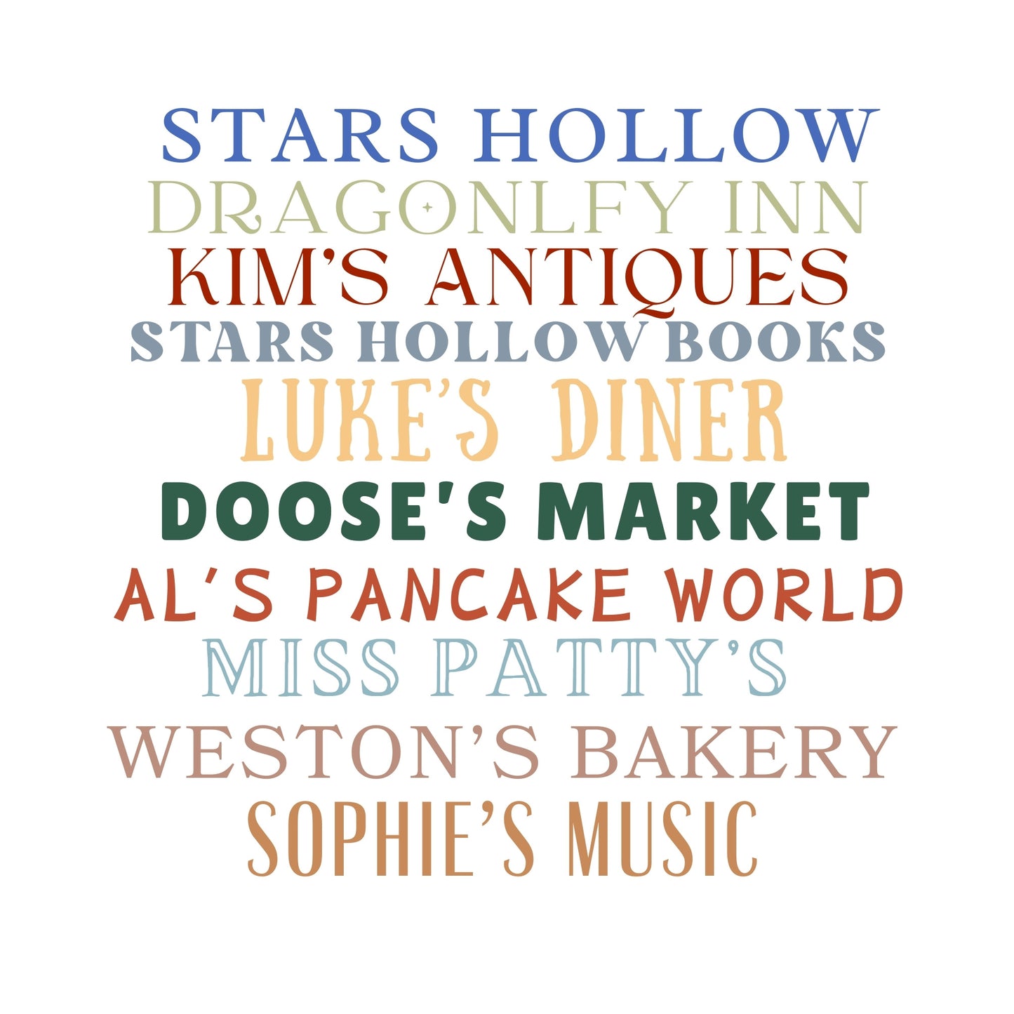 list of iconic stars hollow locations including: dragonfly inn, kim'santiques, stars hollow books, luke's diner, doose's market, al's pancake world, miss patty's weston's bakery, and sophie's music