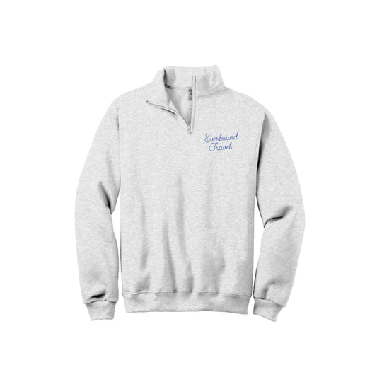 Gray sweatshirt with 'Everbound Travel' text on a white background