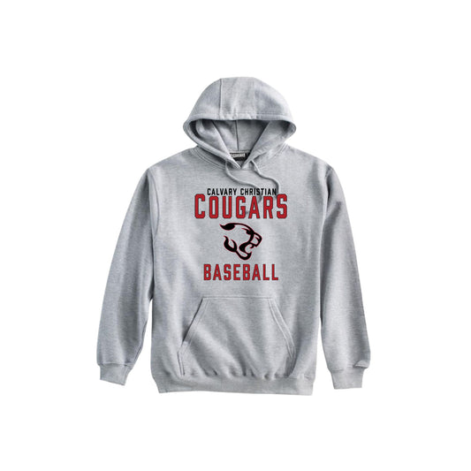 Gray hoodie with 'Calvary Christian Cougars Baseball' text and logo on a white background