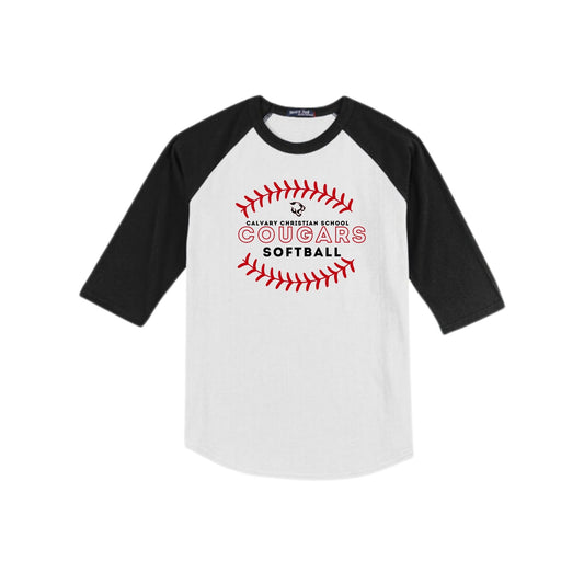 Baseball-style shirt with 'Calvary Christian School Cougars Softball' design on a white background