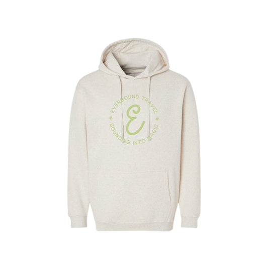Natural heather hoodie with green logo on a white background