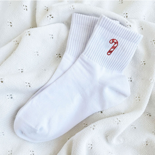 ankle high white socks with embroidered red and white candy cane